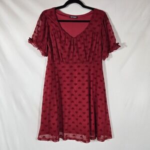 Hot Topic Red Babydoll Dress | Mesh Overlay with Flocked Hearts | Women's Medium